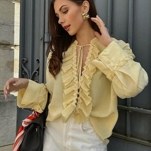 Yellow Casual Women's V-Neck Long Sleeve Blouse with Lace-Up Details - Picture 4 of 11